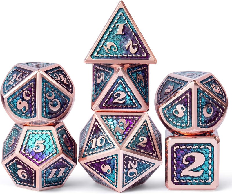 DNDND Metal D&D Dice Set,7 Pieces Dragon Scale Metallic D&D Die with Gift Metal Case for Dungeons & Dragon Game (Teal and Purple with Copper Edge) - Image 1